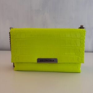 Balenciage Shiny Extra Supple Calfskin Crocodile Embossed Small Triplet Bag Fluo